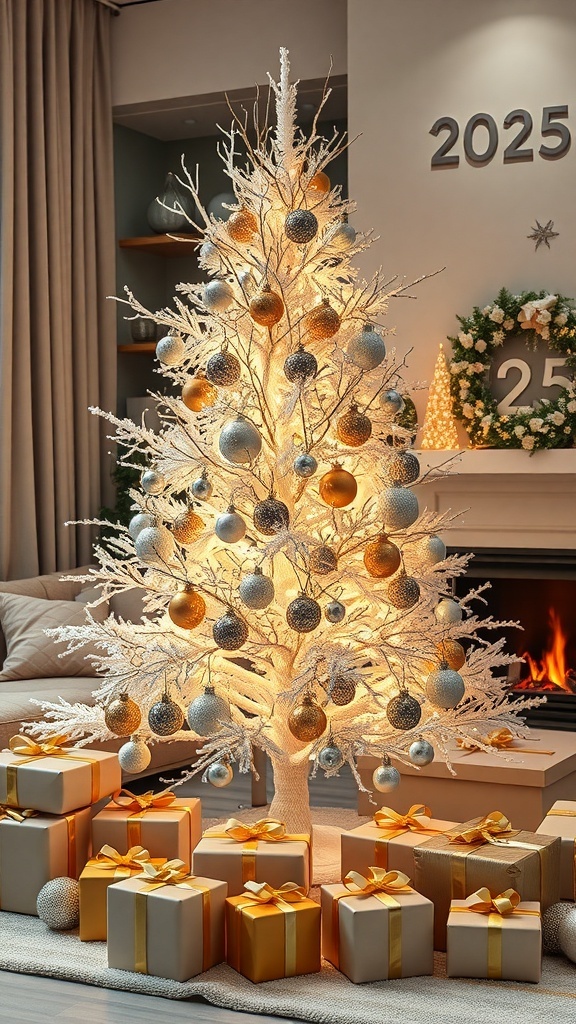 Modern Christmas Tree Design Ideas for 2025 A modern Christmas tree with white branches and silver ornaments, set in a cozy living room.